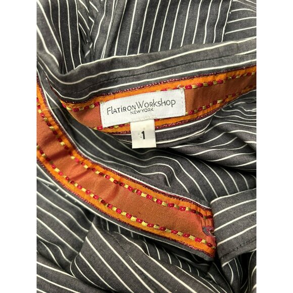 Flatiron Workshop Black Gray White Striped Button-Up Shirt Sz 1 Embroidered Trim - Picture 5 of 7